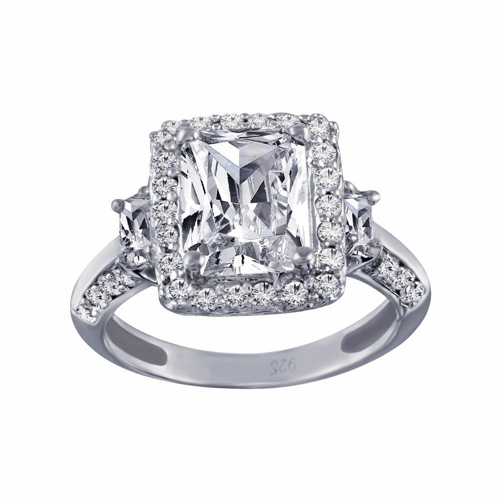 Rhodium Plated 925 Sterling Silver Clear Cluster CZ Square Ring - ACR00009