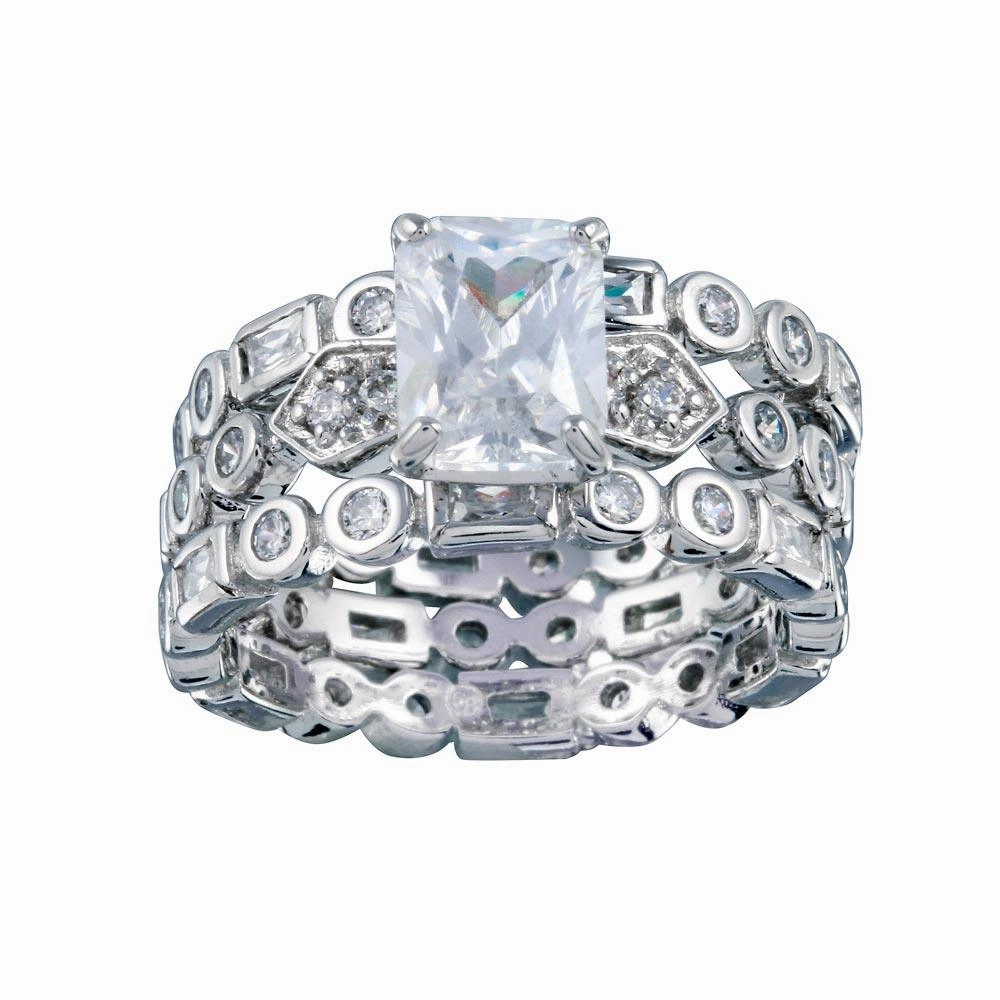 Rhodium Plated 925 Sterling Silver Clear CZ Multi Shaped Bridal Engagement Ring Set - BGR00250