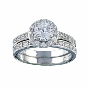 Rhodium Plated 925 Sterling Silver Clear CZ Round Bridal Ring Set - BGR00459
