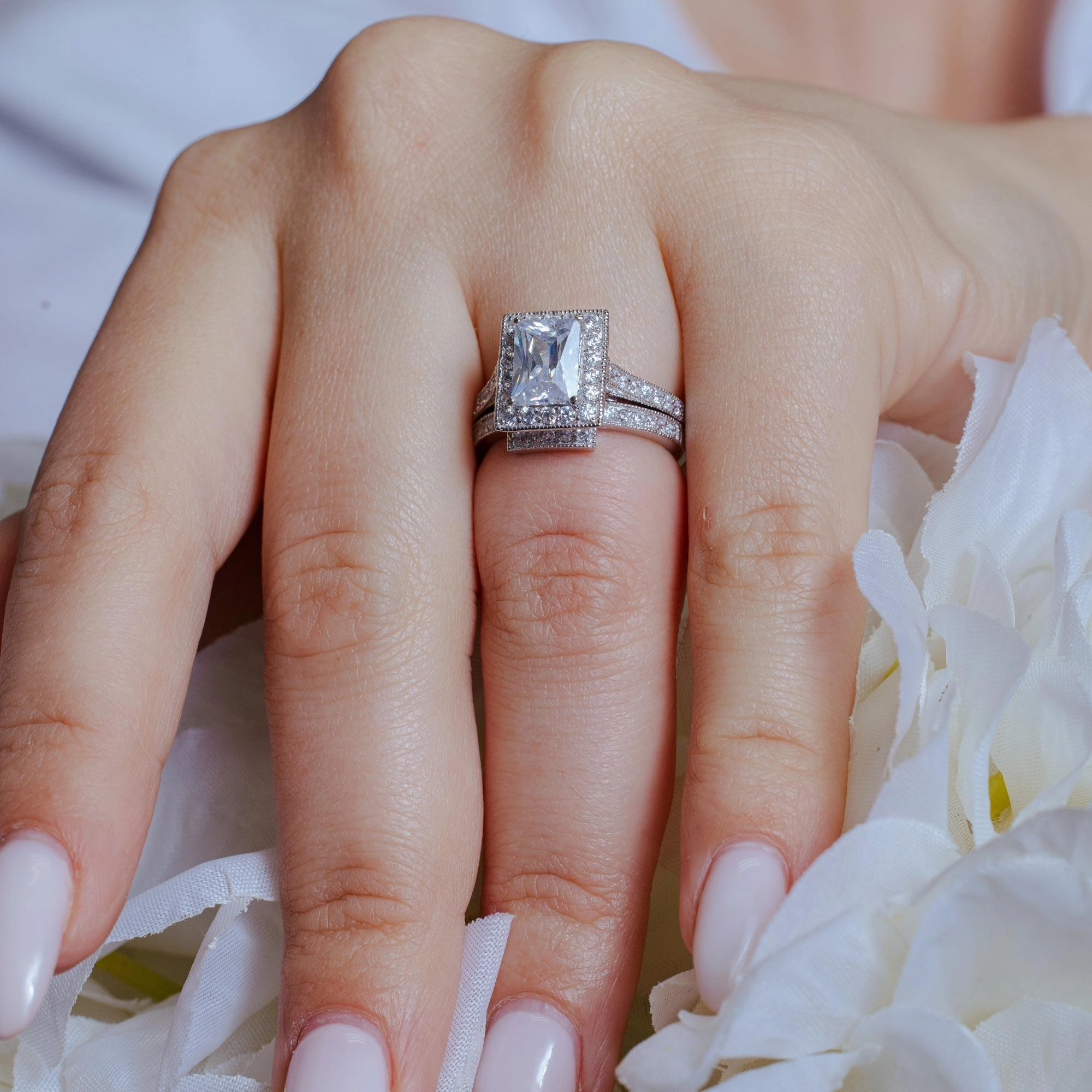 Rhodium Plated 925 Sterling Silver Clear CZ Square Bridal Ring Set - BGR00198