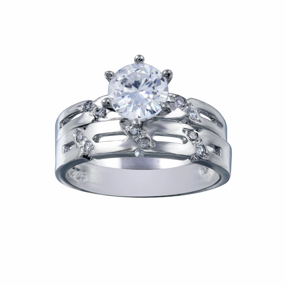 Rhodium Plated 925 Sterling Silver Clear Double Stackable CZ Engagement Ring Set - ANT00017