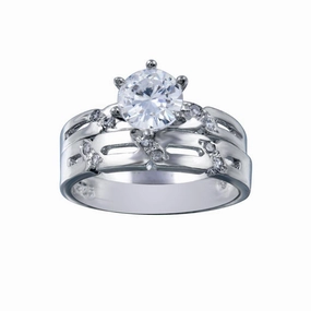 Rhodium Plated 925 Sterling Silver Clear Double Stackable CZ Engagement Ring Set - ANT00017