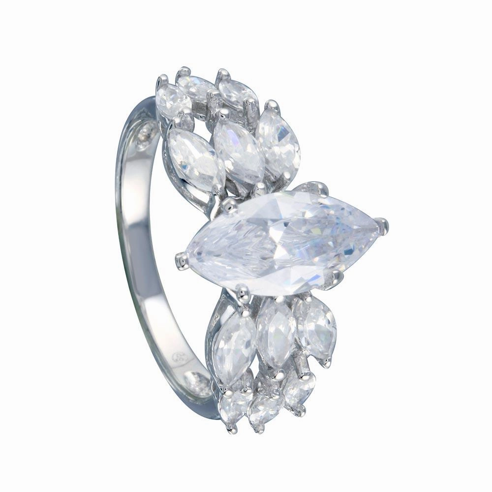 Rhodium Plated 925 Sterling Silver Clear Marquise Center CZ Bridal Ring - BGR00255