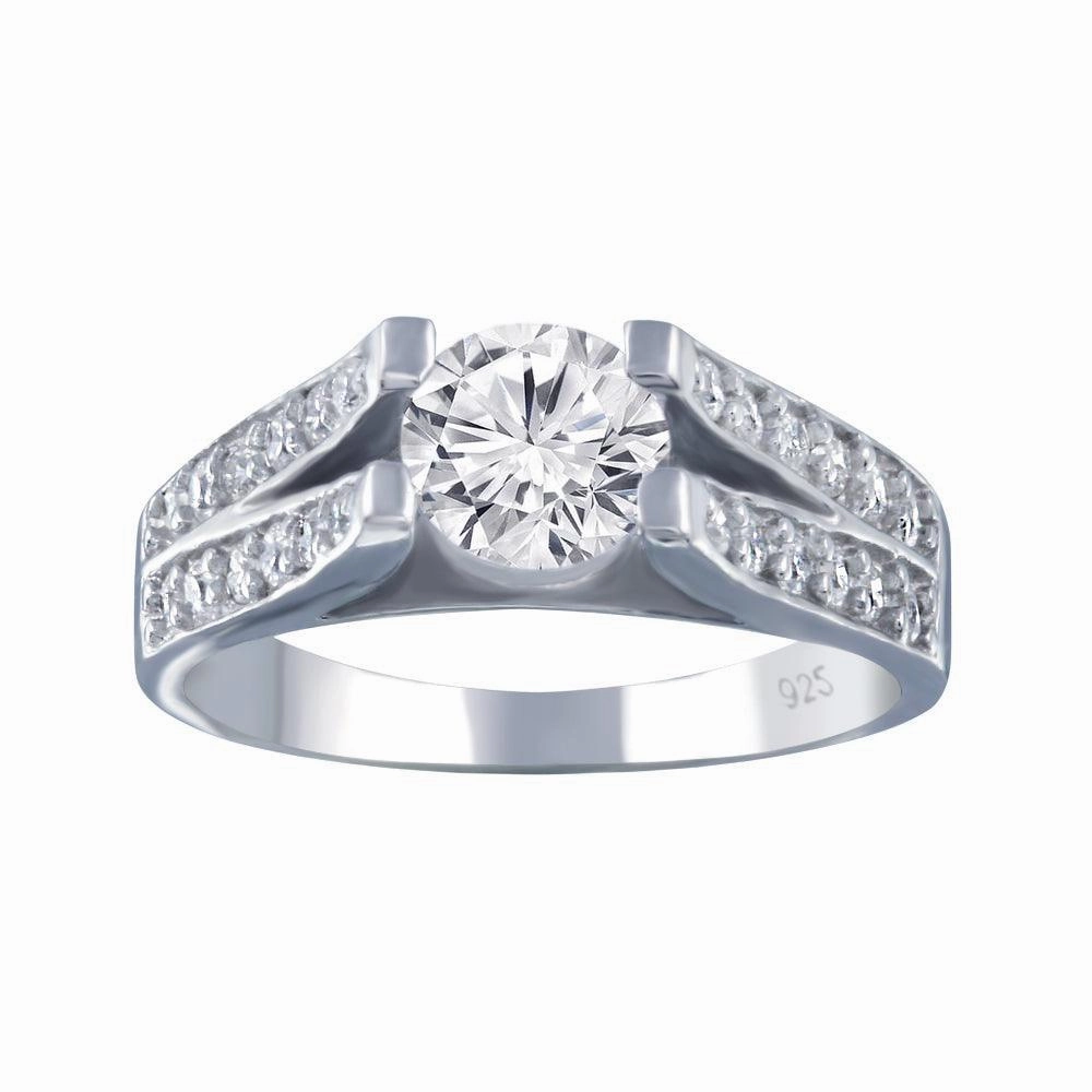 Rhodium Plated 925 Sterling Silver Clear Pave Set Round Center CZ Engagement Ring - AAR0078