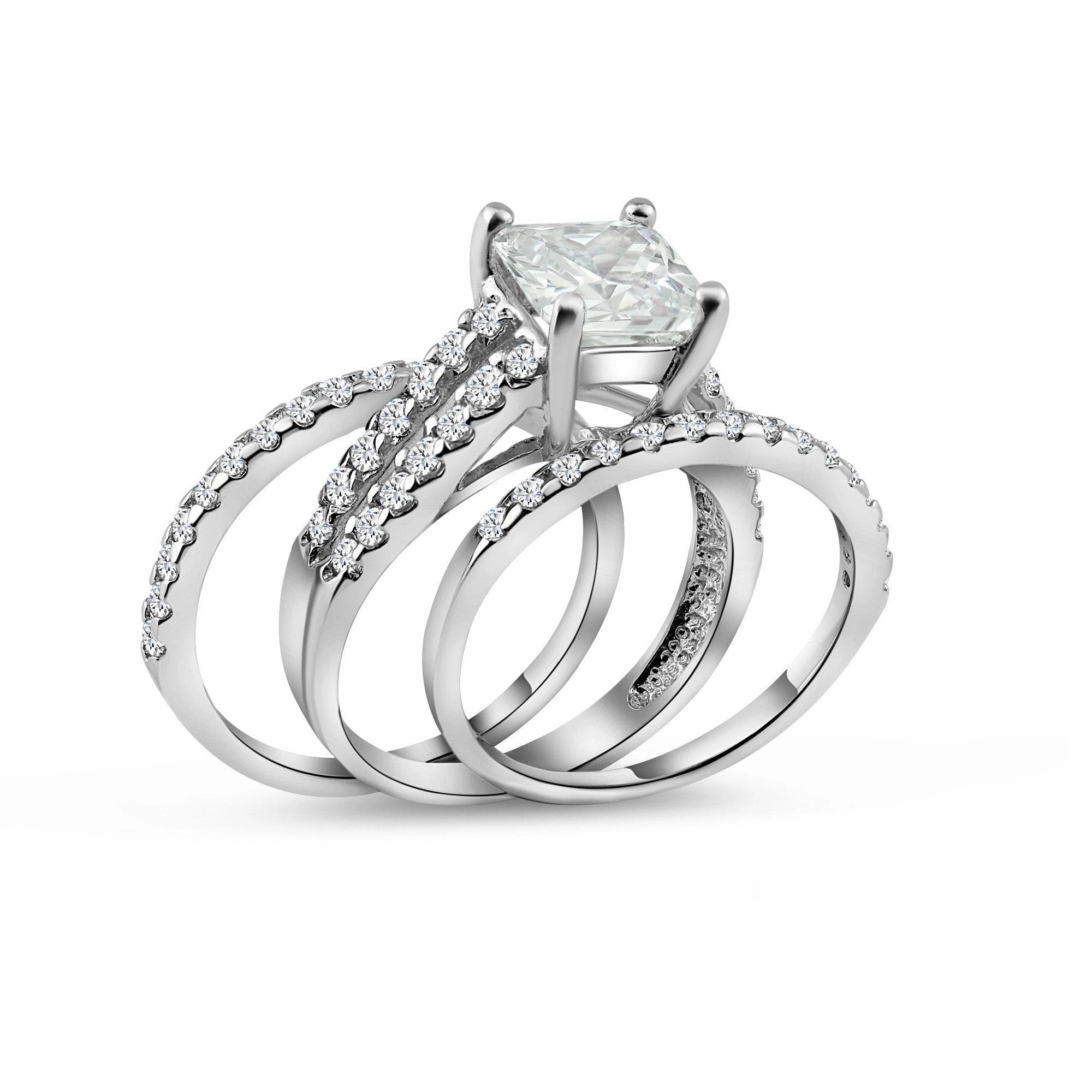 Rhodium Plated 925 Sterling Silver Clear Princess Cut Pave Set CZ Bridal Ring Set - BGR00081