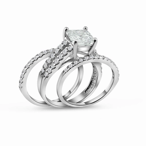 Rhodium Plated 925 Sterling Silver Clear Princess Cut Pave Set CZ Bridal Ring Set - BGR00081