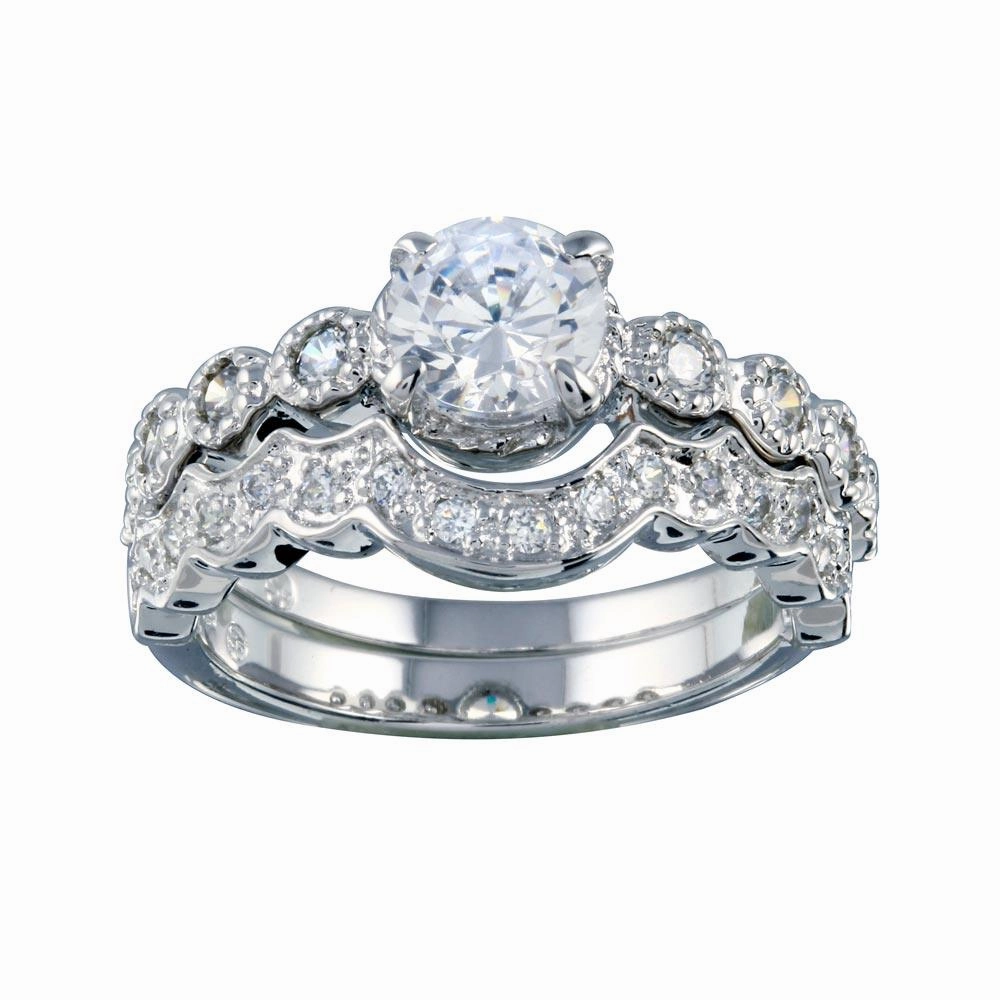 Rhodium Plated 925 Sterling Silver Clear Round Center CZ Bridal Ring Set - BGR00219