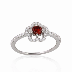 Rhodium Plated 925 Sterling Silver Clover Micropave Ring with Red Center CZ and Clear Round CZ - BGR01120RED