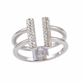 Rhodium Plated 925 Sterling Silver CZ Bar Open Ring - BGR01135
