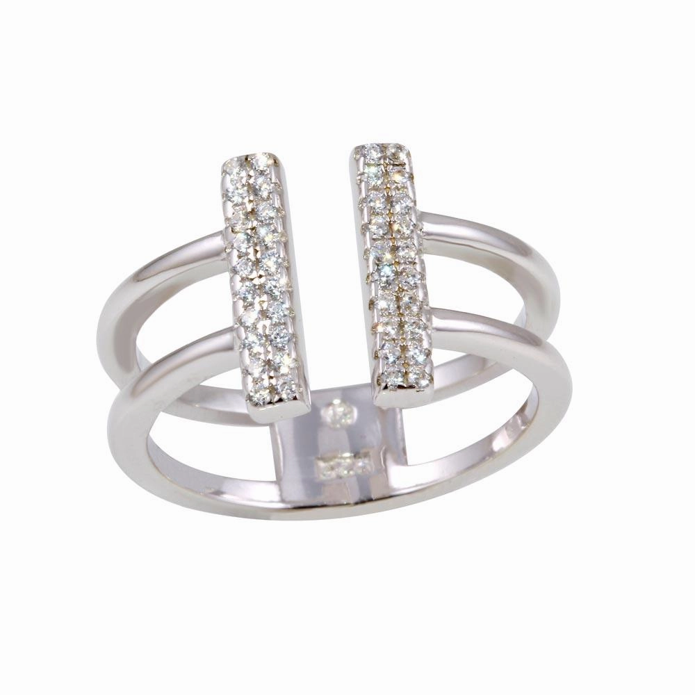 Rhodium Plated 925 Sterling Silver CZ Bar Open Ring - BGR01135