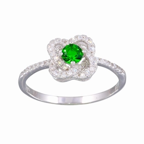 Rhodium Plated 925 Sterling Silver CZ Knot Green Center Stone Ring - BGR01141GRN