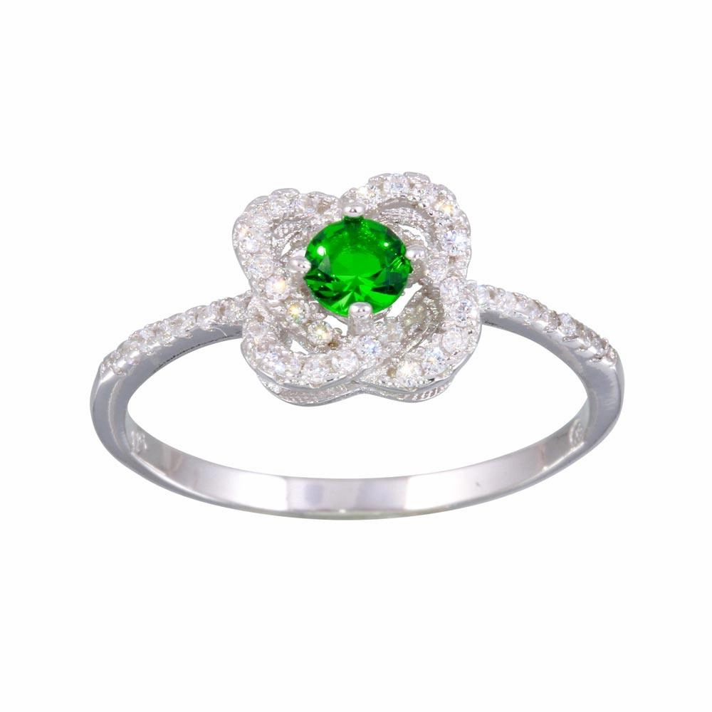 Rhodium Plated 925 Sterling Silver CZ Knot Green Center Stone Ring - BGR01141GRN
