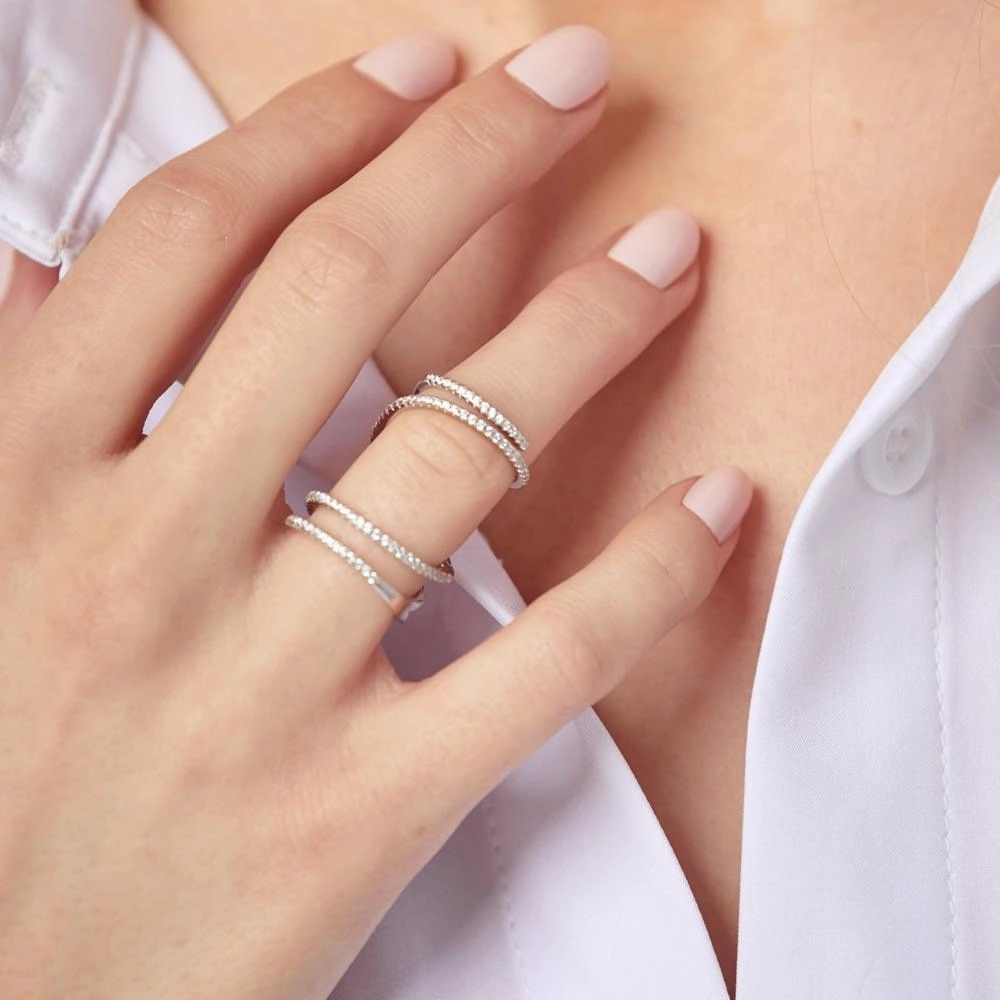 Rhodium Plated 925 Sterling Silver CZ Spiral Ring - STR01063