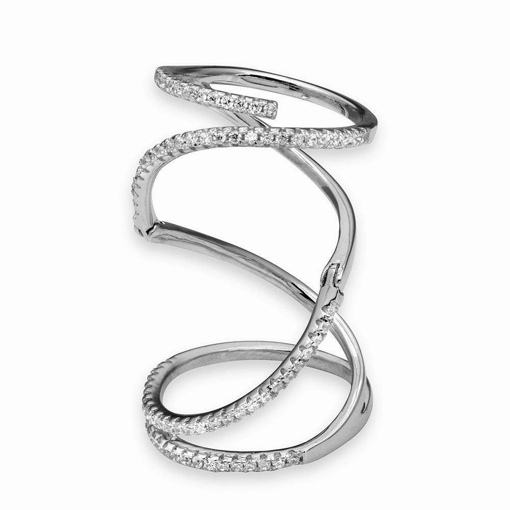 Rhodium Plated 925 Sterling Silver CZ Spiral Ring - STR01063