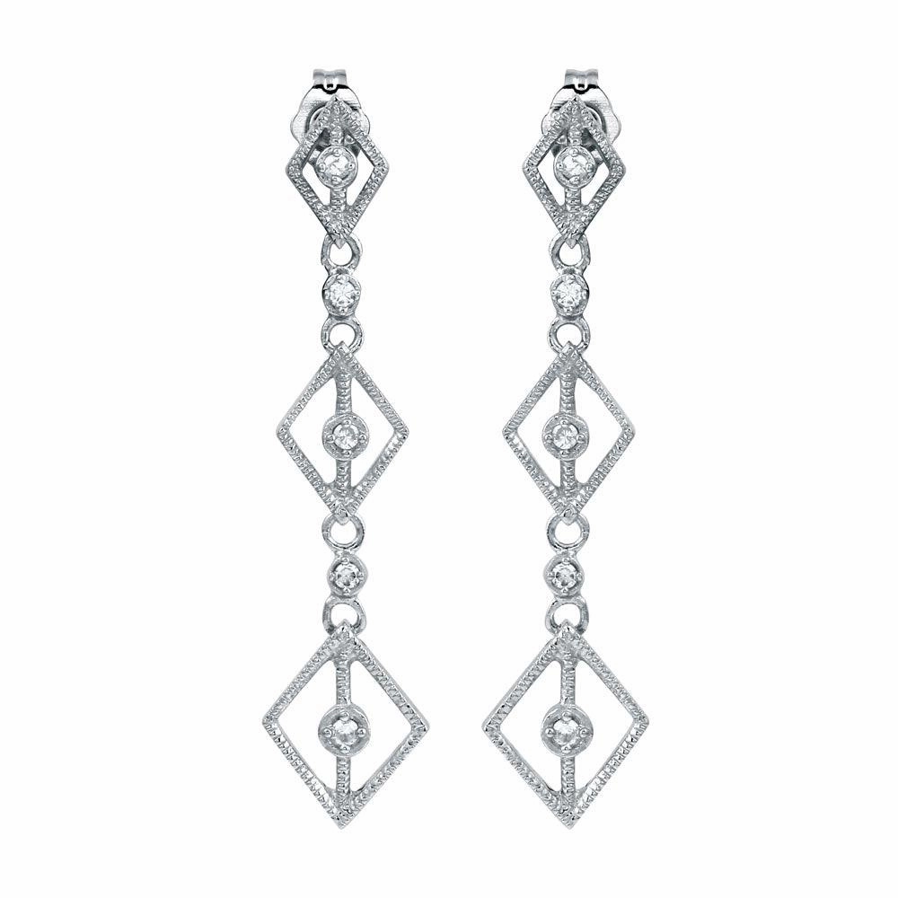 Rhodium Plated 925 Sterling Silver Dangling Linked Rhombus Earrings with CZ - ACE00009