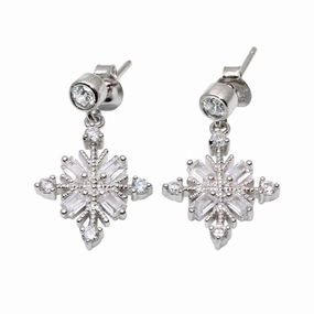 Rhodium Plated 925 Sterling Silver Drop Snowflake Earrings - BGE00574