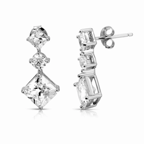 Rhodium Plated 925 Sterling Silver Dropped Square and Round CZ Earrings - BGE00516