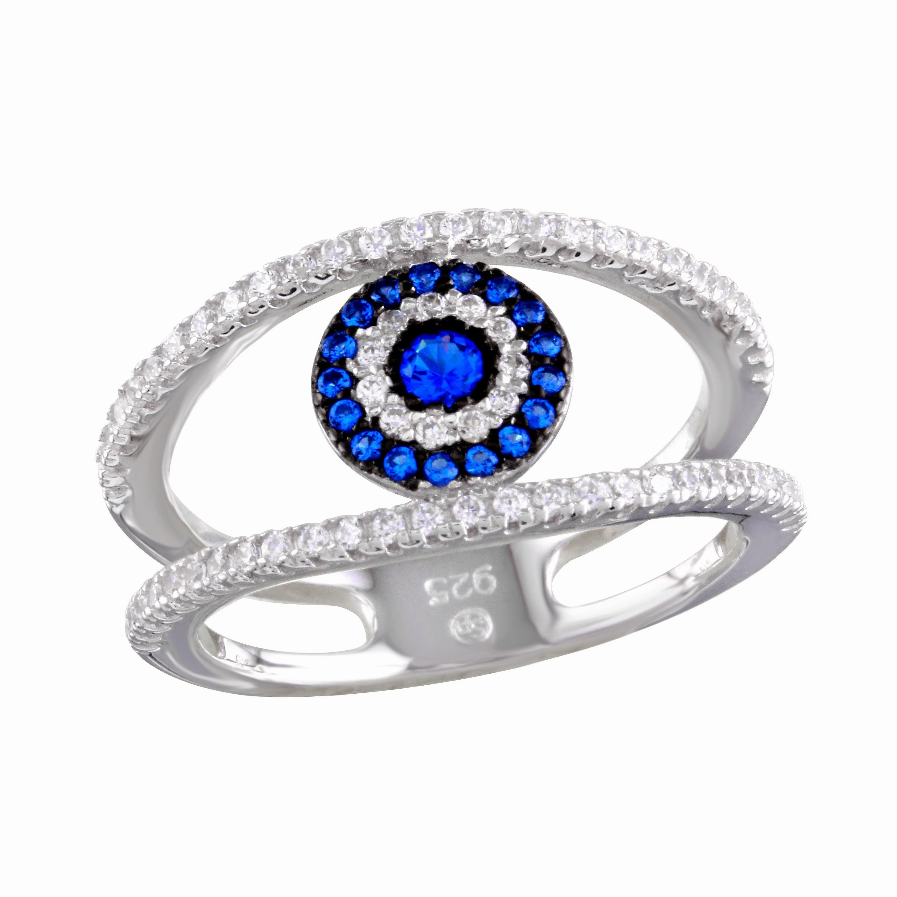 Rhodium Plated 925 Sterling Silver Evil Eye Ring with CZ - BGR01163