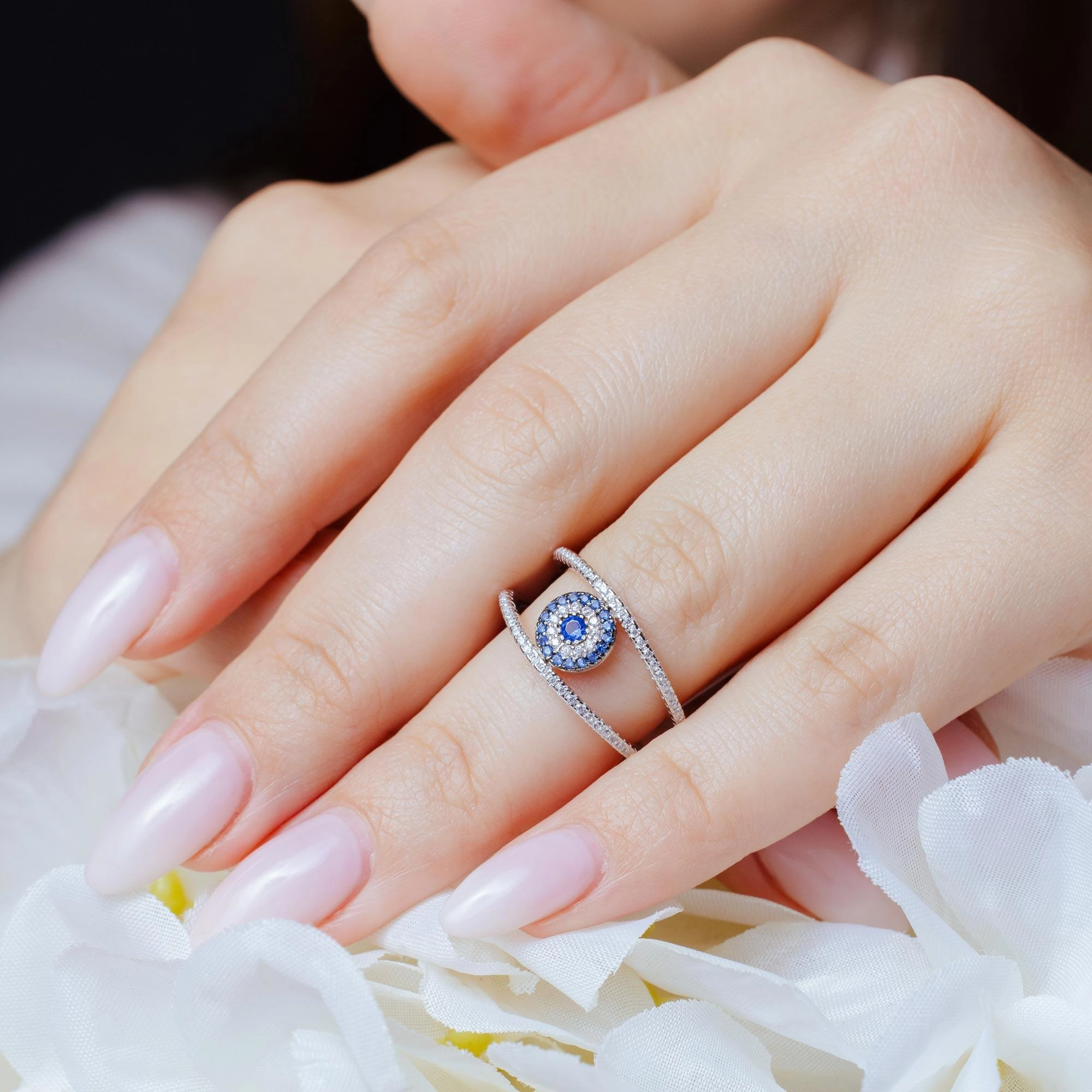 Rhodium Plated 925 Sterling Silver Evil Eye Ring with CZ - BGR01163