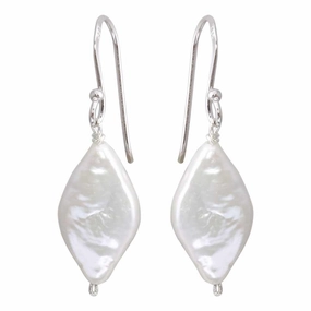 Rhodium Plated 925 Sterling Silver Fish Hook Diamond Shape Dangling Pearl Earrings - PJE00007