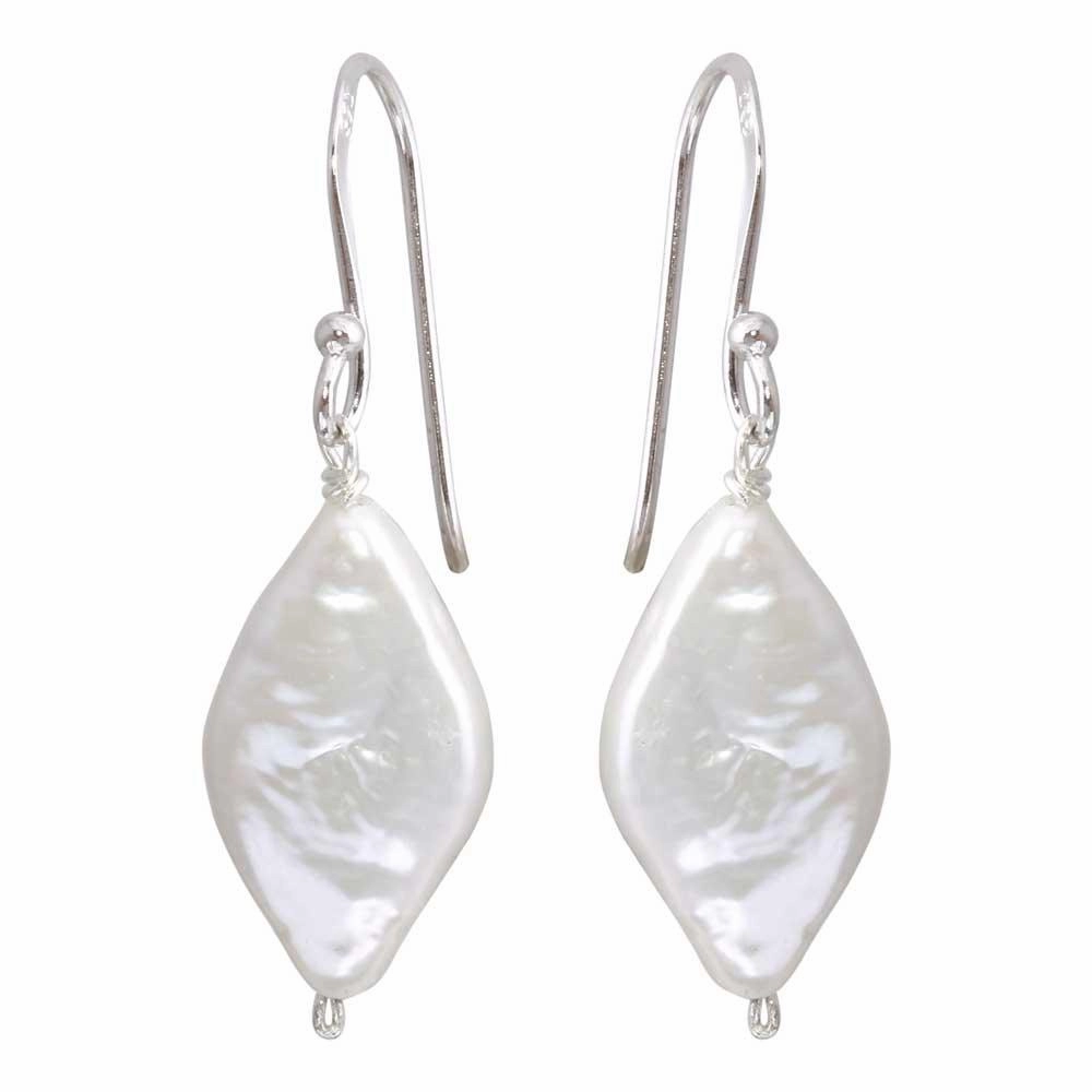 Rhodium Plated 925 Sterling Silver Fish Hook Diamond Shape Dangling Pearl Earrings - PJE00007