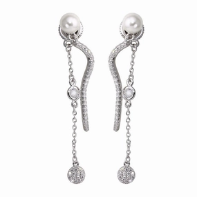 Rhodium Plated 925 Sterling Silver Front and Back Dangling Earrings with CZ and Synthetic Pearl - BGE00585
