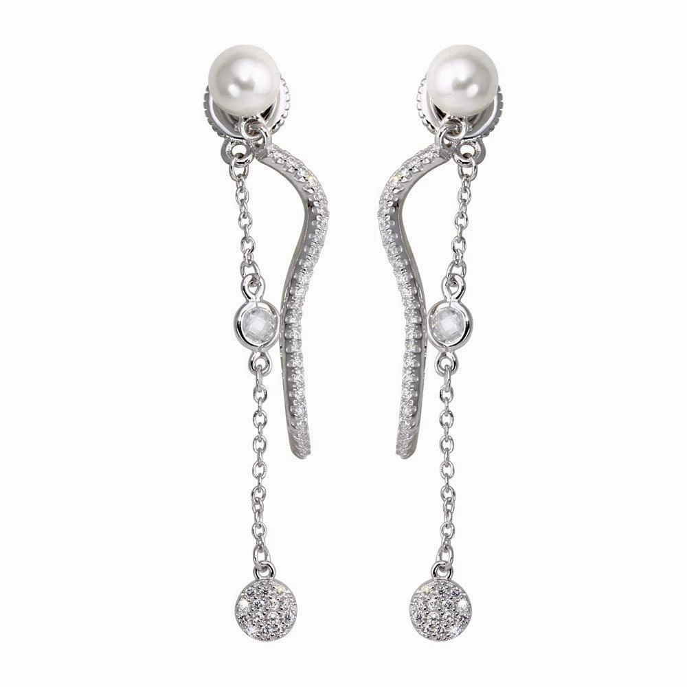 Rhodium Plated 925 Sterling Silver Front and Back Dangling Earrings with CZ and Synthetic Pearl - BGE00585