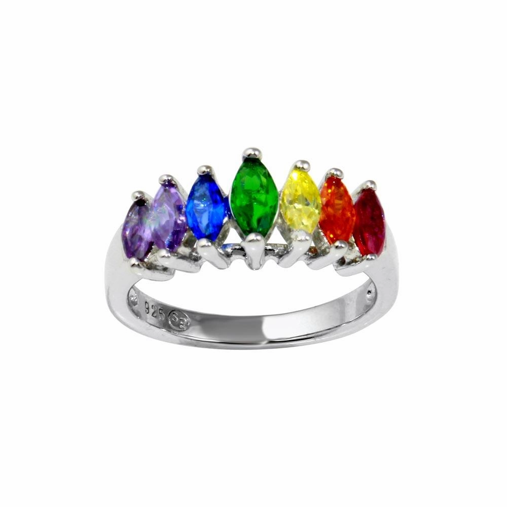 Rhodium Plated 925 Sterling Silver Graduated Multicolor Marquise CZ Ring - BGR01353