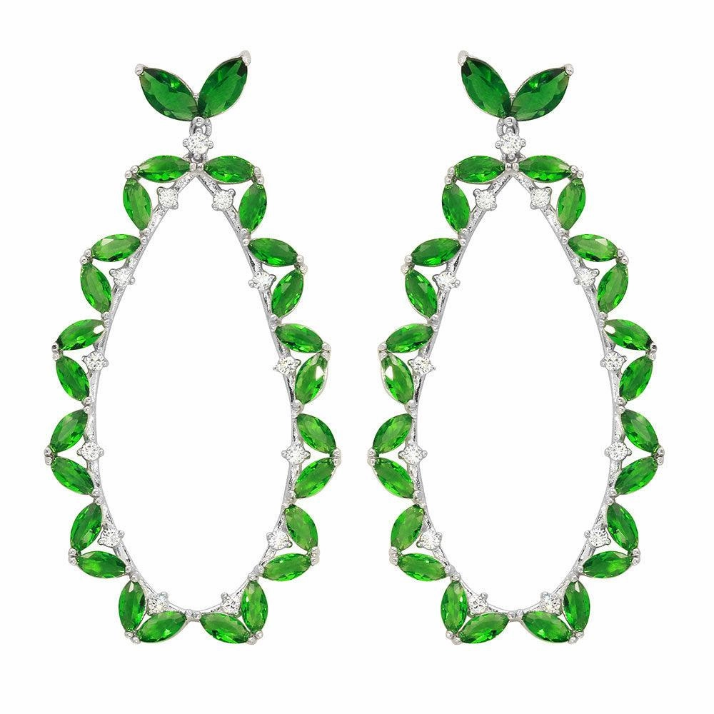 Rhodium Plated 925 Sterling Silver Green CZ Hanging Oval Earrings - GME00103RH-GREEN