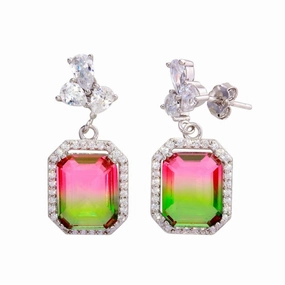 Rhodium Plated 925 Sterling Silver Green Pink Gradient CZ Dangling Earrings - STE01206