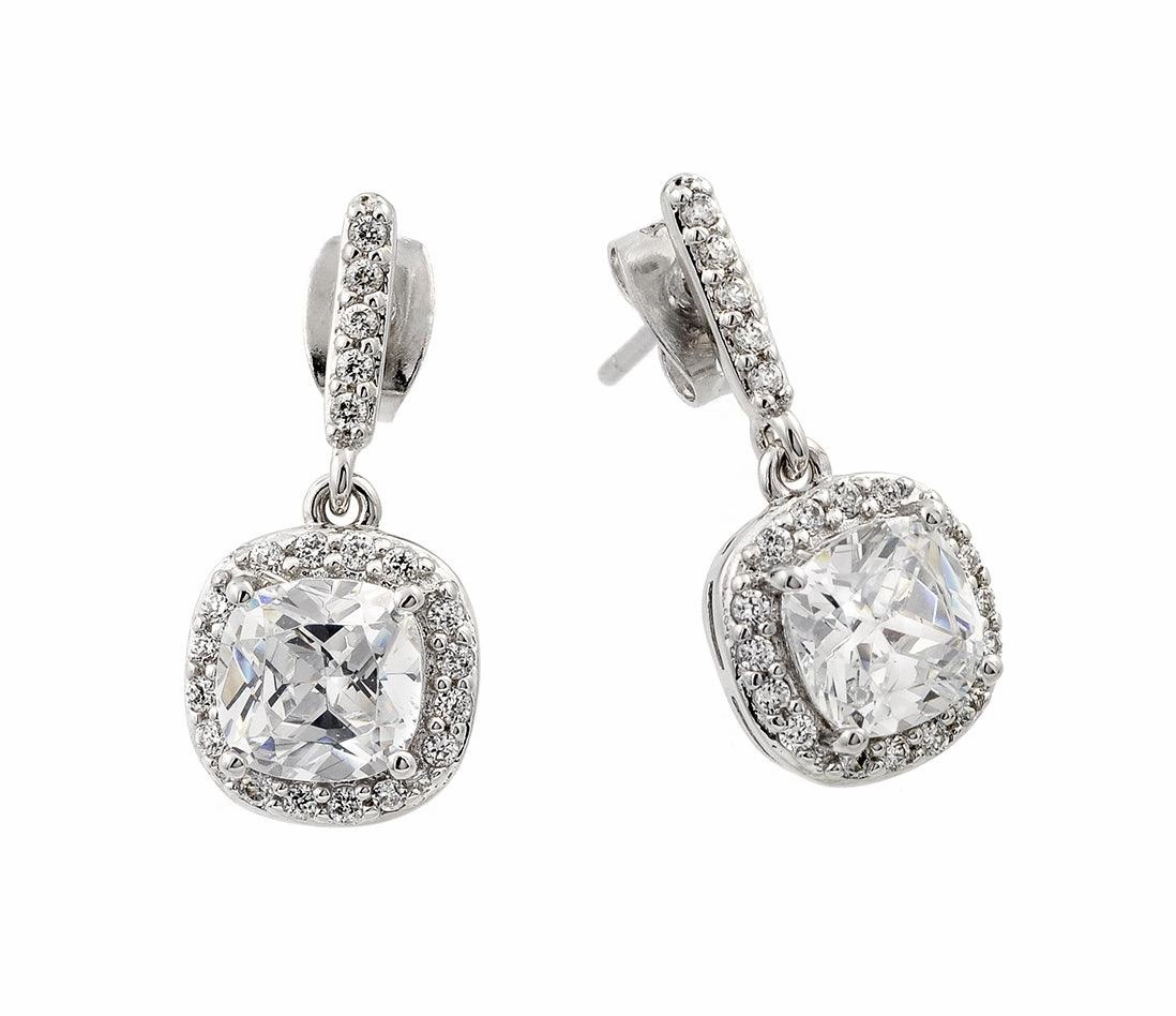 Rhodium Plated 925 Sterling Silver Hanging Square Halo CZ Earrings - BGE00430