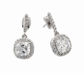 Rhodium Plated 925 Sterling Silver Hanging Square Halo CZ Earrings - BGE00430