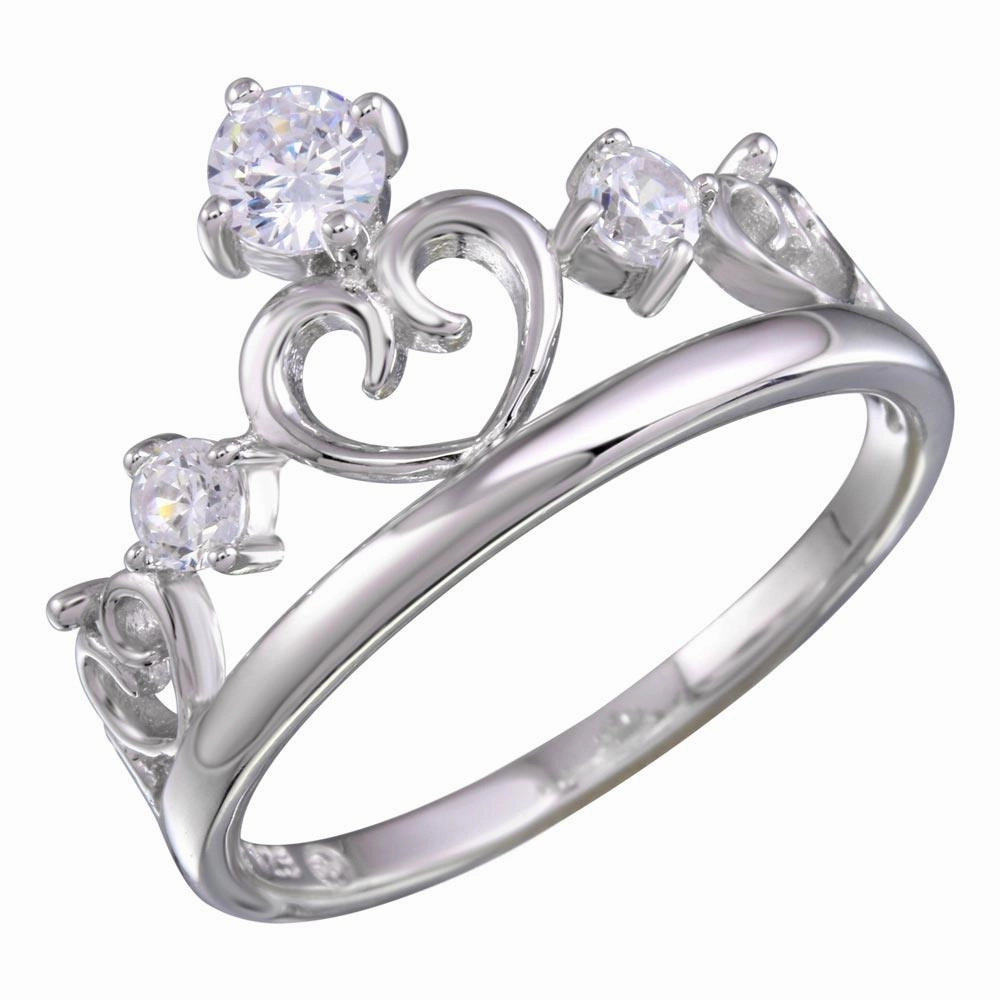 Rhodium Plated 925 Sterling Silver Heart Crown Ring with CZ - BGR01157
