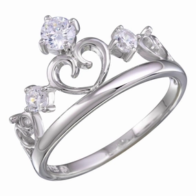Rhodium Plated 925 Sterling Silver Heart Crown Ring with CZ - BGR01157