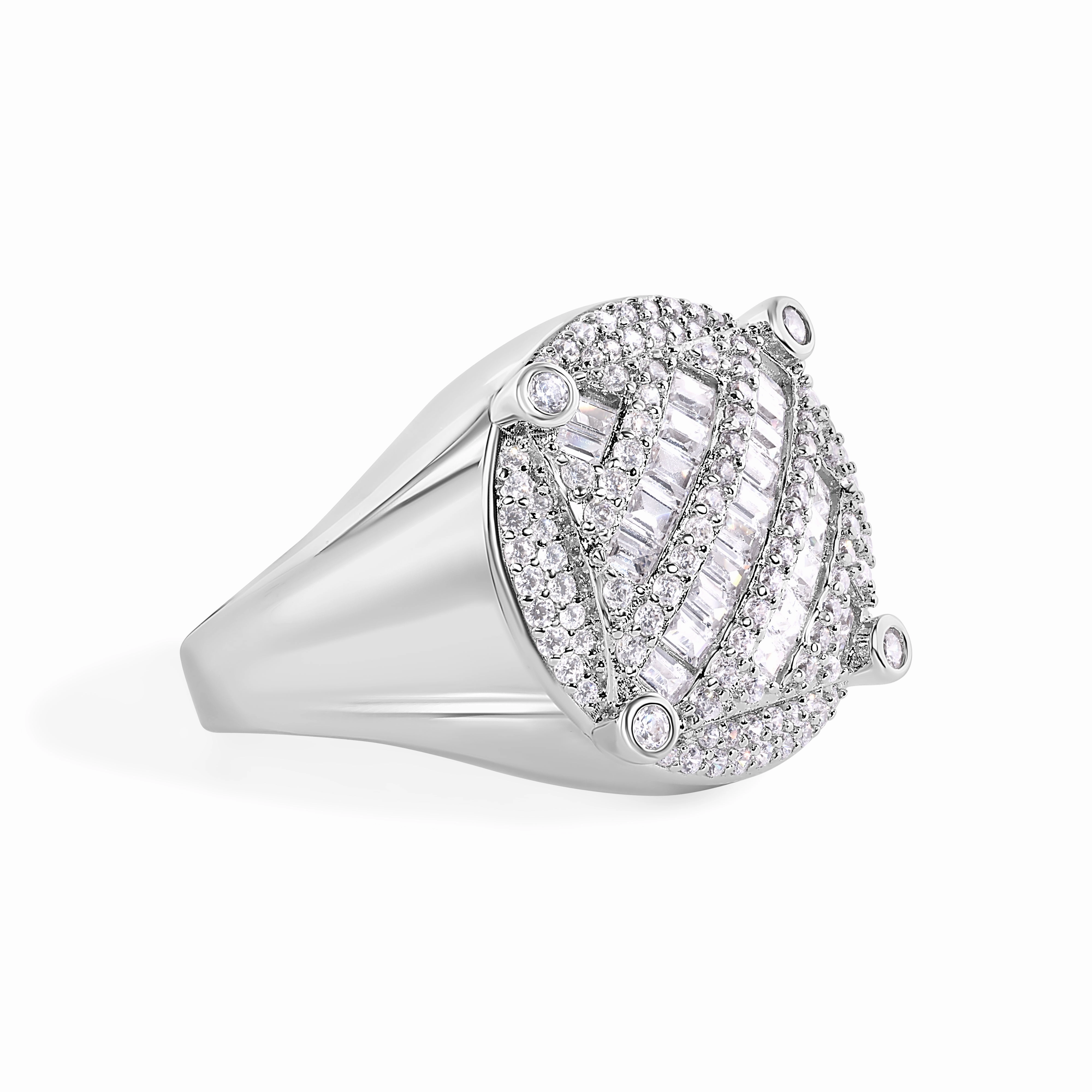 Rhodium Plated 925 Sterling Silver Men's Round Top Baguette Cut Clear CZ 20.9mm Ring - GMR00386