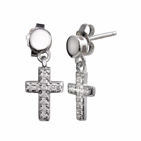 Rhodium Plated 925 Sterling Silver Mini Dangling Cross Earrings - STE01156RH