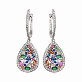 Rhodium Plated 925 Sterling Silver Multi Color Teardrop CZ Dangling Earring - BGE00651