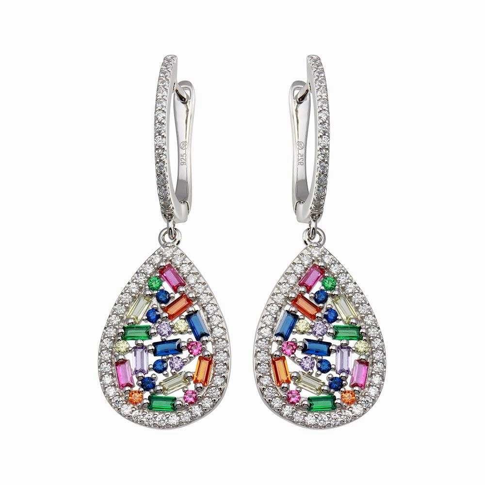 Rhodium Plated 925 Sterling Silver Multi Color Teardrop CZ Dangling Earring - BGE00651