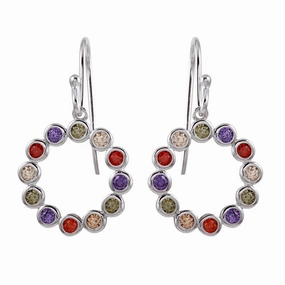 Rhodium Plated 925 Sterling Silver Multi-Colored CZ Open Circle Earrings - STE01140