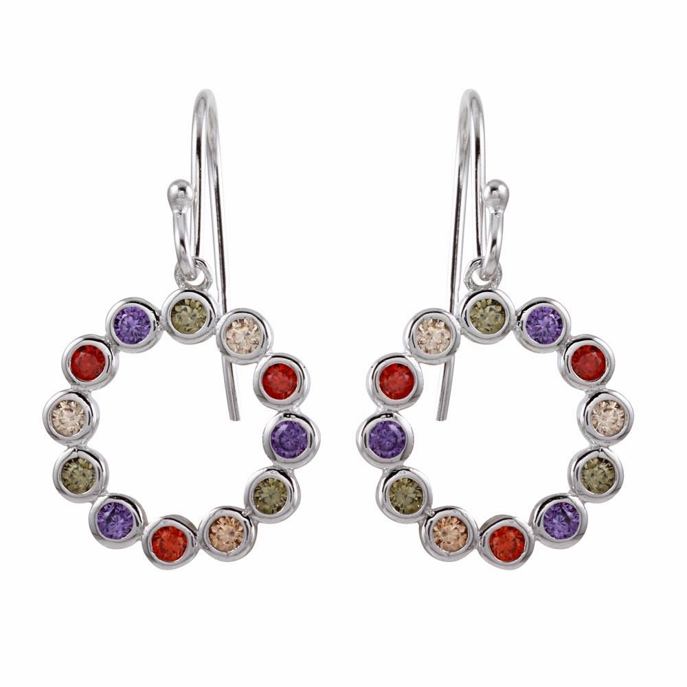 Rhodium Plated 925 Sterling Silver Multi-Colored CZ Open Circle Earrings - STE01140