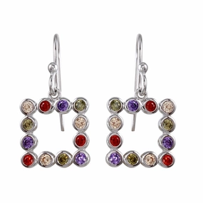 Rhodium Plated 925 Sterling Silver Multi-Colored CZ Open Square Earrings - STE01139