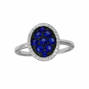 Rhodium Plated 925 Sterling Silver Oval Ring with Blue and Clear CZ - BGR01233BLU