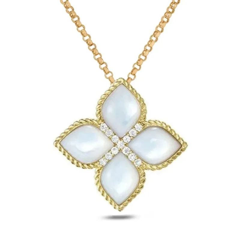 Roberto Coin 18ct Yellow Gold Diamond and Mother of Pearly Princess Flower Pendant 2cm D