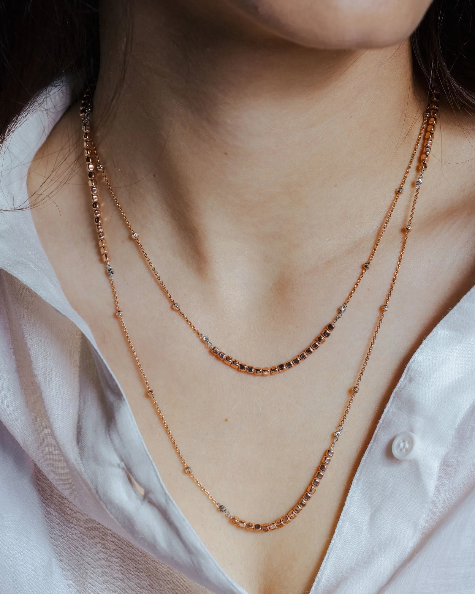 Rose Gold Plated 925 Sterling Silver 38 Inches Chain Cube Beaded Necklace - ECN00057RGP