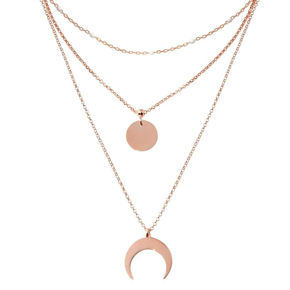 Rose Gold Plated 925 Sterling Silver Multi Chain White Enamel Beaded Disc and Crescent Necklace - ECN00065RGP
