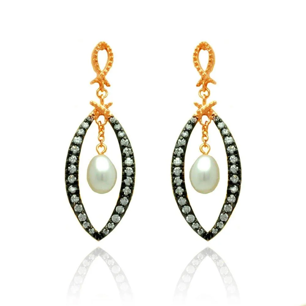 Silver 925 Black and Rose Gold Plated Open Marquise Clear CZ Dangling Fresh Water Pearl Stud Earrings - BGE00289