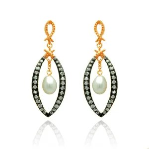 Silver 925 Black and Rose Gold Plated Open Marquise Clear CZ Dangling Fresh Water Pearl Stud Earrings - BGE00289