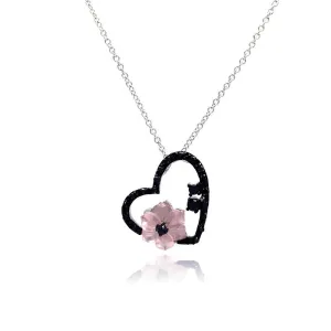 Silver 925 Black CZ Rhodium Plated Flower Heart Pendant Necklace - BGP00139