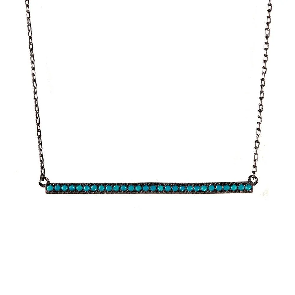 Silver 925 Black Rhodium Plated Bar Necklace with Synthetic Turquoise Stones - STP01515