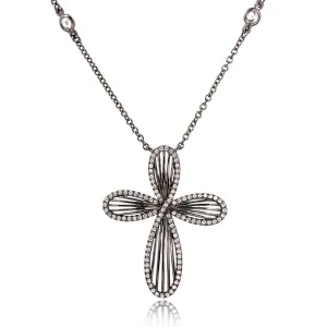 Silver 925 Black Rhodium Plated Cross with CZ Border Necklace - BGP01081